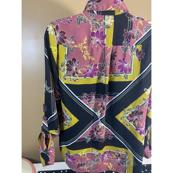 Multicolor Floral/striped Button Up Top With Pockets/button Sleeves Size XS - Picture 10 of 16
